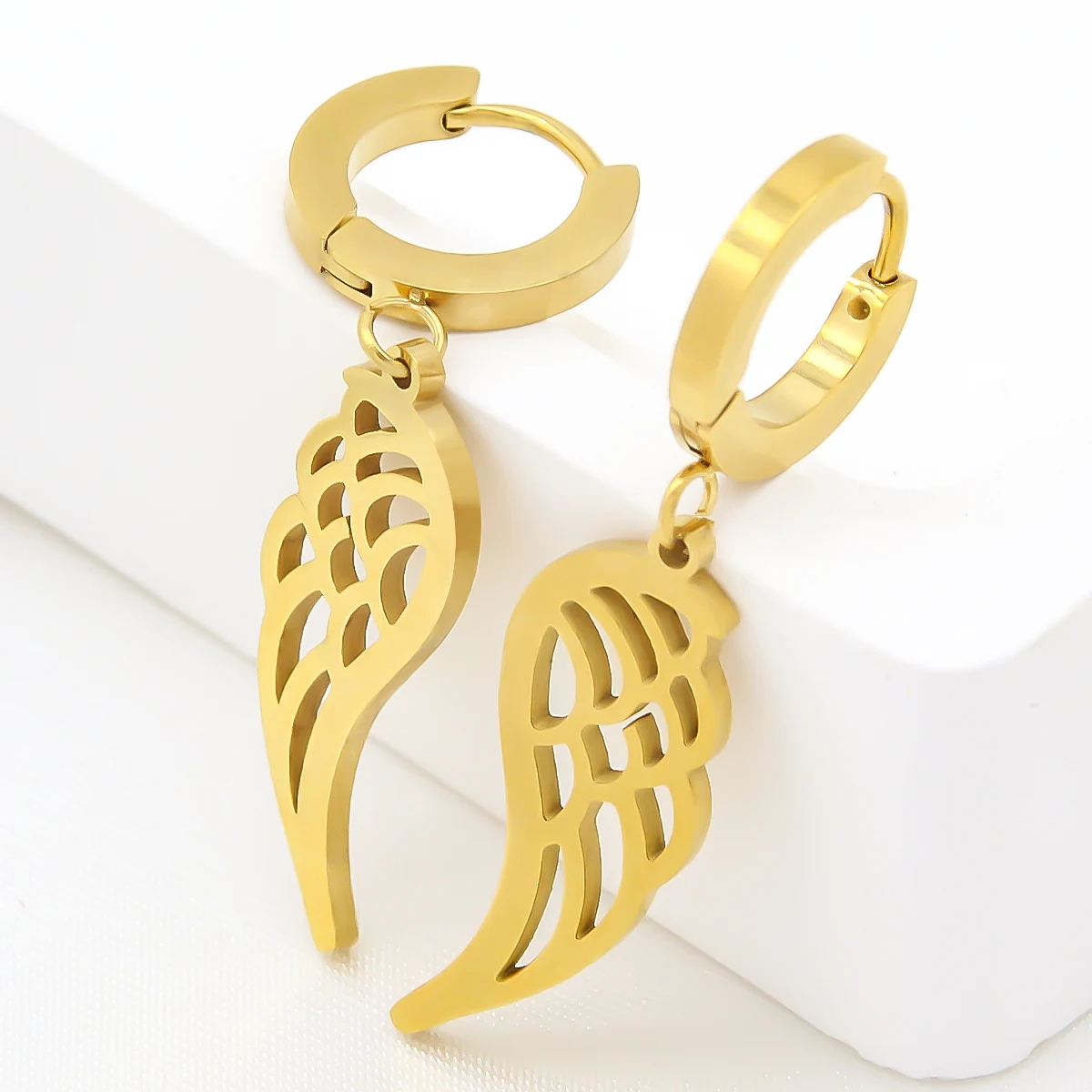 

New Gorgeous Cute Hollow Wings Feather Dangle Earrings For Women 316L Stainless Steel Hoop Piercing Pendant Jewelry Gift