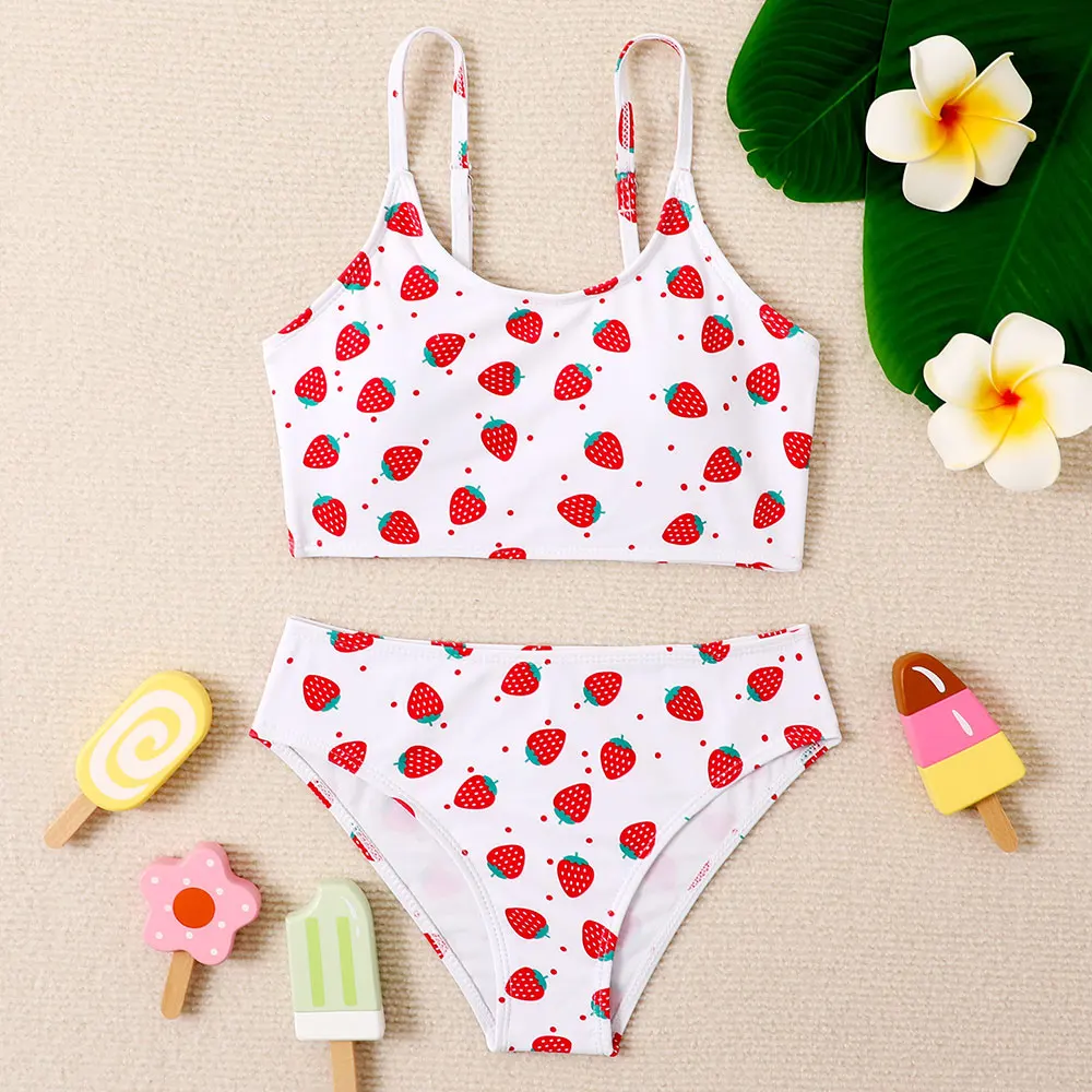 

7-14Years Strawberry Print Girl Swimsuit Kids Two Piece Children's Swimwear Tankini Set High Cut Bikini Padded Bathing Suit 2023