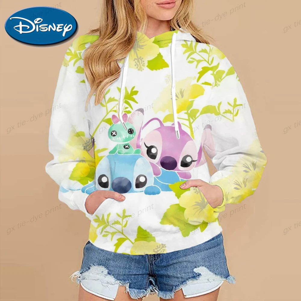 

Disney Stitch Hoodies Women Harajuku Pullovers Cute Kawaii Casual Tops O-Neck Angel Print Hooded Sweatshirt oversized hoodie