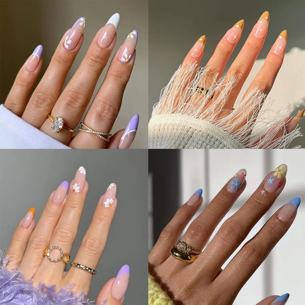 

24pcs/Box Women Fashion Artificial Full Cover Manicure Tool Wearable Almond False Nails Nail Tips French Fake Nails