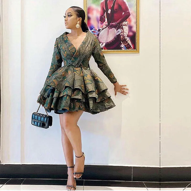 Платье женское с длинным рукавом V-образным вырезом и воланом |