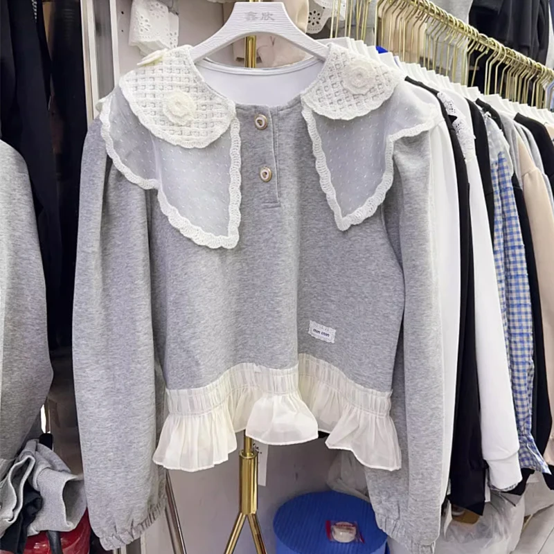 Весенне-осенние женские винтажные черные лоскутные блузки с оборками топы Mujer