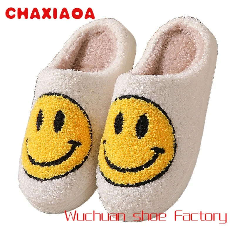 

Winter House Fur Slippers Cute Smile Pattern Women's Fluffy Slippers Warm Bedroom Ladies Cotton Female Plush Shoes