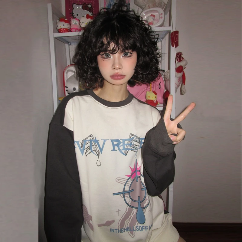 

Feiernan Korean Letter Print Sweatshirt Kpop Long Sleeve Crewneck Hoodie Patchwork Oversized Streetwear Gothic Hip Hop Pullover