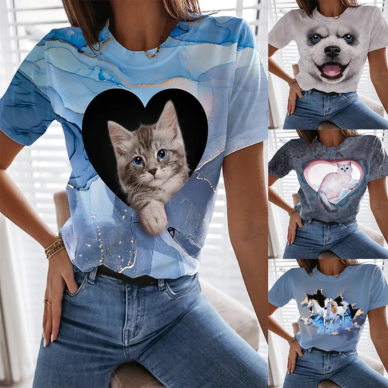 

Женская футболка с круглым вырезом, Повседневная футболка с коротким рукавом и 3D-принтом кошки разных цветов, лето 2022