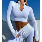 Женский комплект для йоги из двух предметов Feamle 2 шт. короткий топ с длинным рукавом рубашки на молнии бесшовный спортивный тренировочный наряд Одежда для фитнеса и спортзала одежда