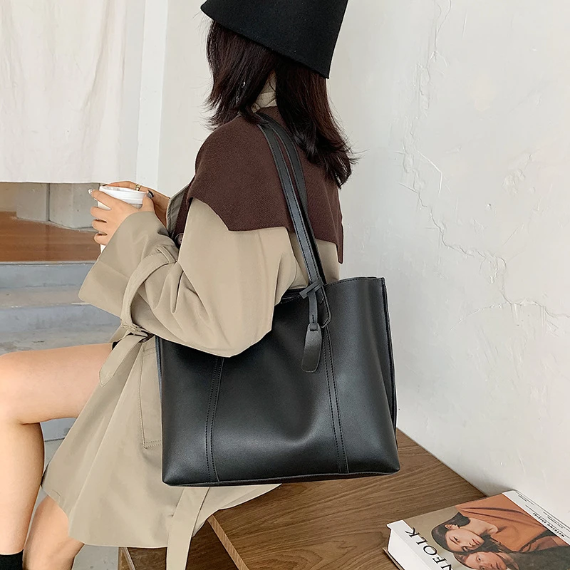 

Simple Fashion High Capacity Casual Tote Bags For Women Autumn New Pure Color Shoulder Shopper Bag Soft PU Travel Bolsa Feminina