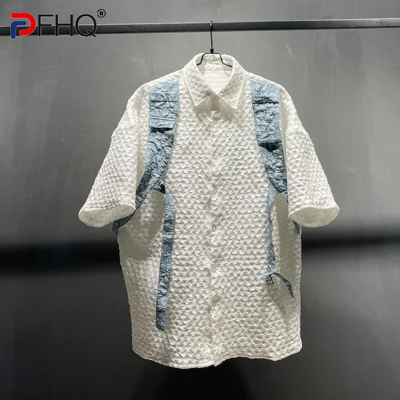 

PFHQ Niche Design Bubble Short Sleeve Shoulder Strap Splicing Color Contrast Shirt Summer New Pleat Trendy High Quality 21F1521