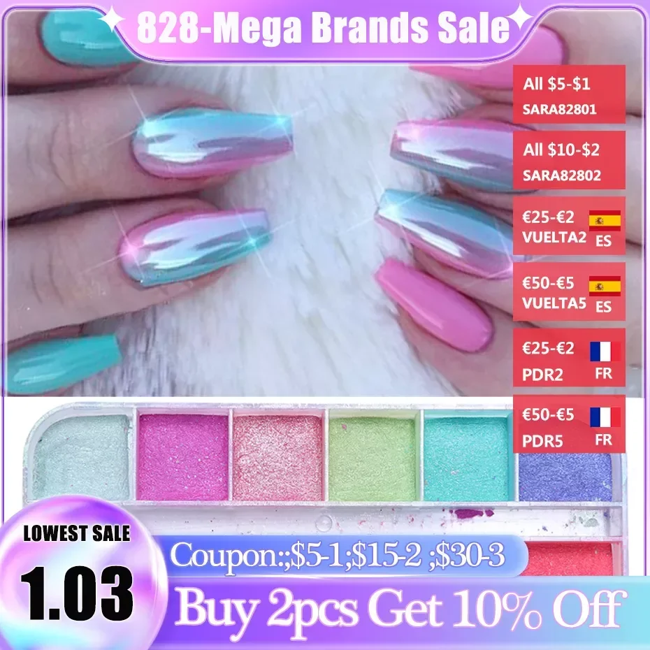 

NEW2023 2022 IN 12Grids Nail Glitter Colorful Mirror Effect Shimmer Pearl Powder Chrome Pigment Fine Dust Reflective Polish De
