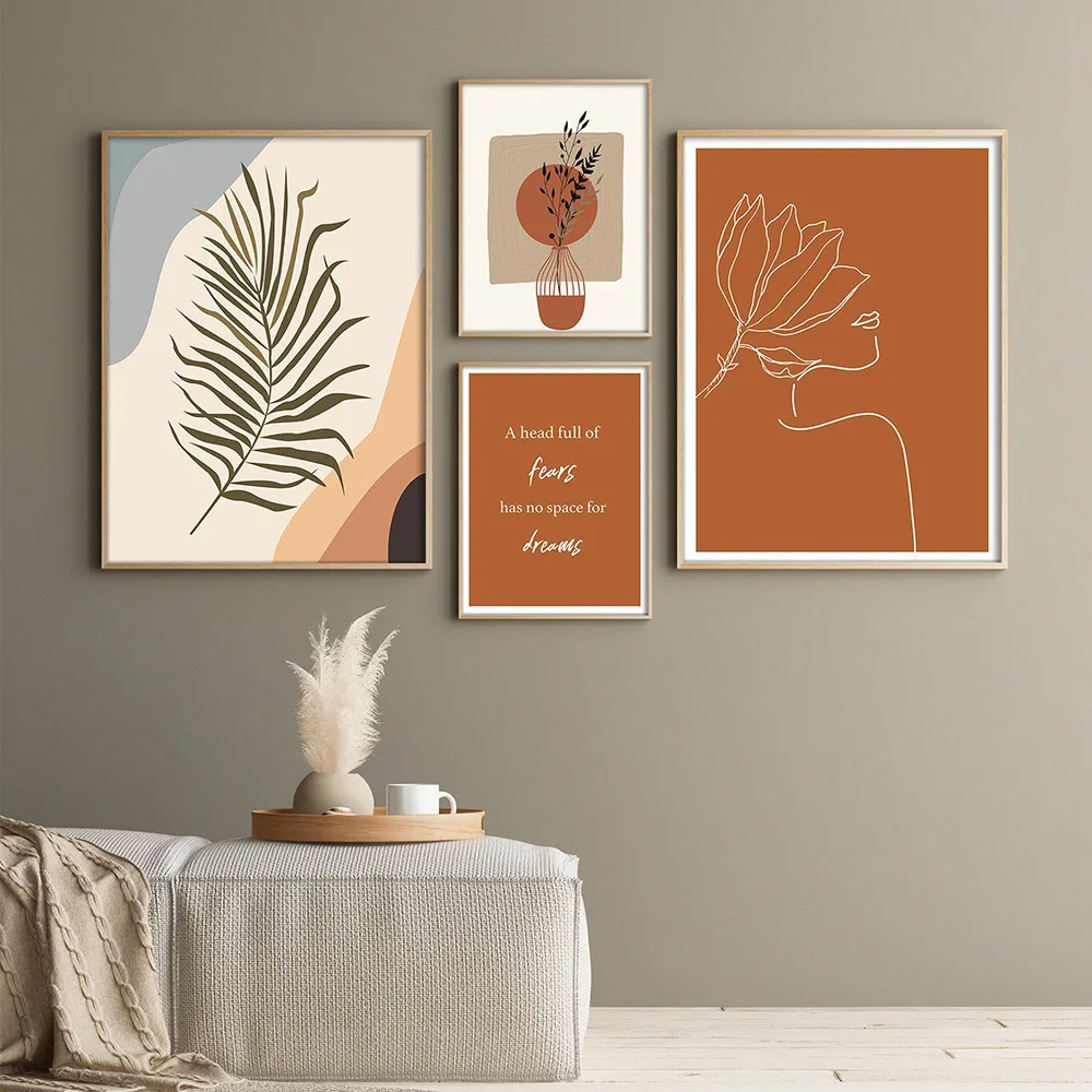 Boho Simple Tropical Plants Canvas Wall Art Poster Scandinavian Orange Women Sketch Line Painting for Bedroom Living Room