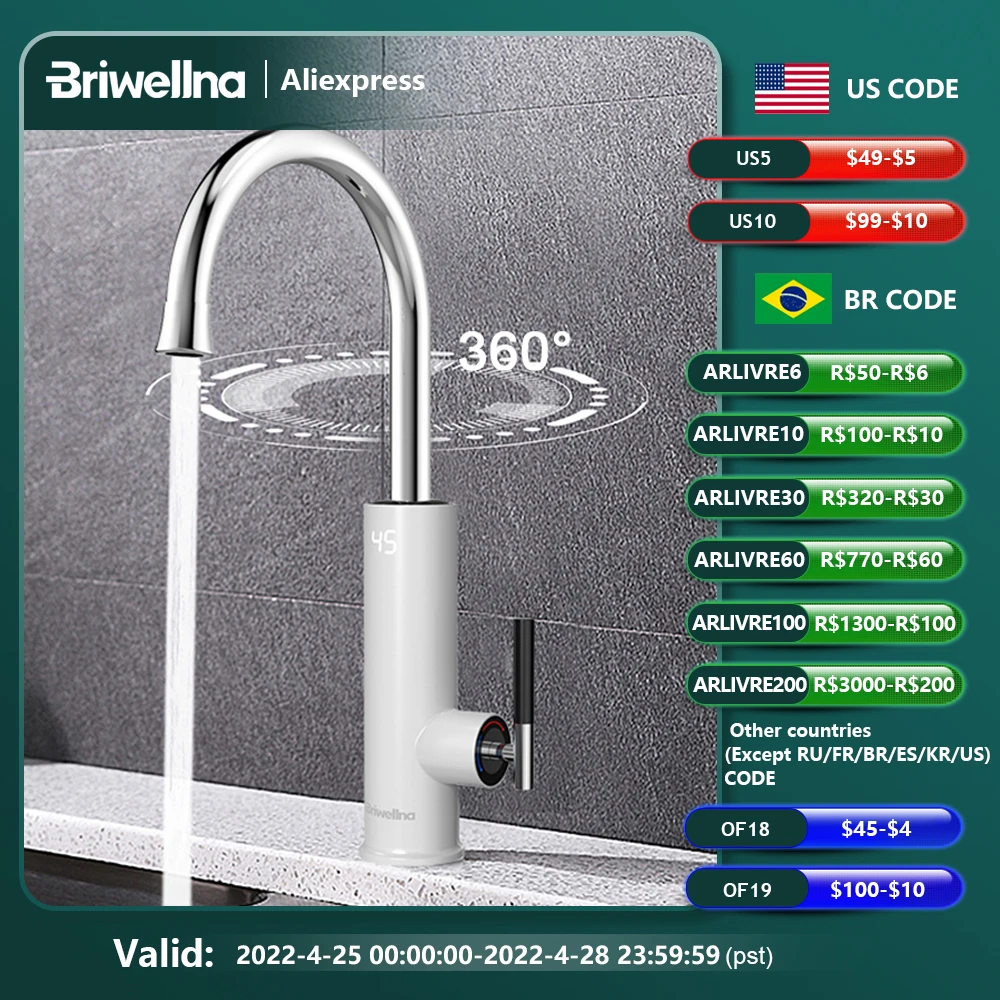 

Briwellna 220V Electric Instant Water Heater 2 in 1 Kitchen Faucet Tankless Water Heater Tap Chauffe Eau Instant Geyser KM22