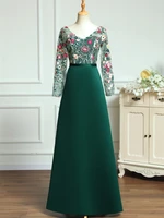 lace long sleeve green women evening dresses elegant v neck floor length a line satin formal gowns for wedding party