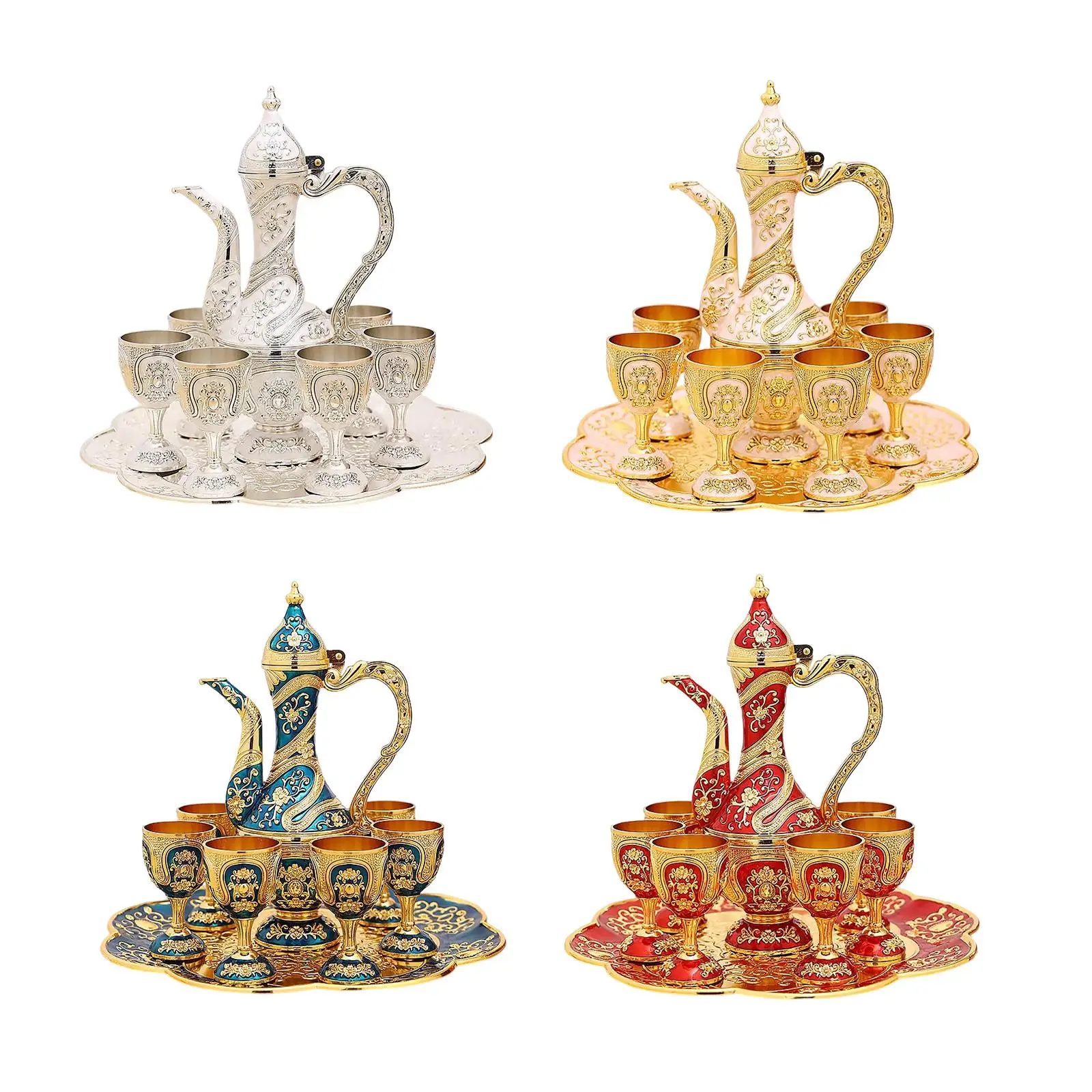 

Turkish Coffee Pot Set Tea Sets with Teapot Tray and 6 Cups Art Crafts Turkish Cup Set Flagon for Serving Tea Party Gifts