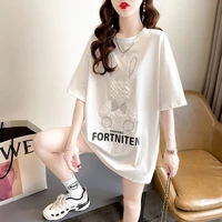 cotton short sleeve t shirt womens summer 2022 medium length cartoon tshirts korean version hot drill round neck new y2k top