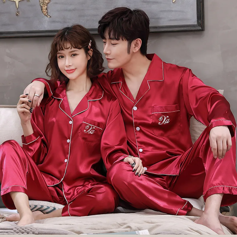 Solid Color Sleepwear Silk Satin Pajamas Couple Set Long Button-Down Pyjamas Suit Pijama Women Men Loungewear Plus Size Set