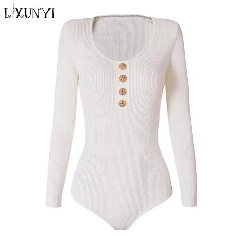 LXUNYI  Knitted Top Autumn Winter New Fashion Sexy O Neck Long Sleeve Bodysuit Jumpsuits Slim Rompers Playsuits  With Buttons