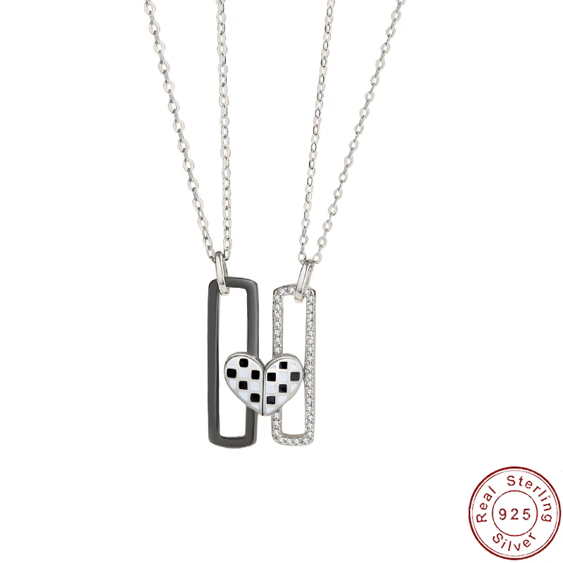 

Love Heart Couple S925 Sterling Silver Necklace Black White Grid Clavicle Chain For Women Birthday Gift Jewelry+box
