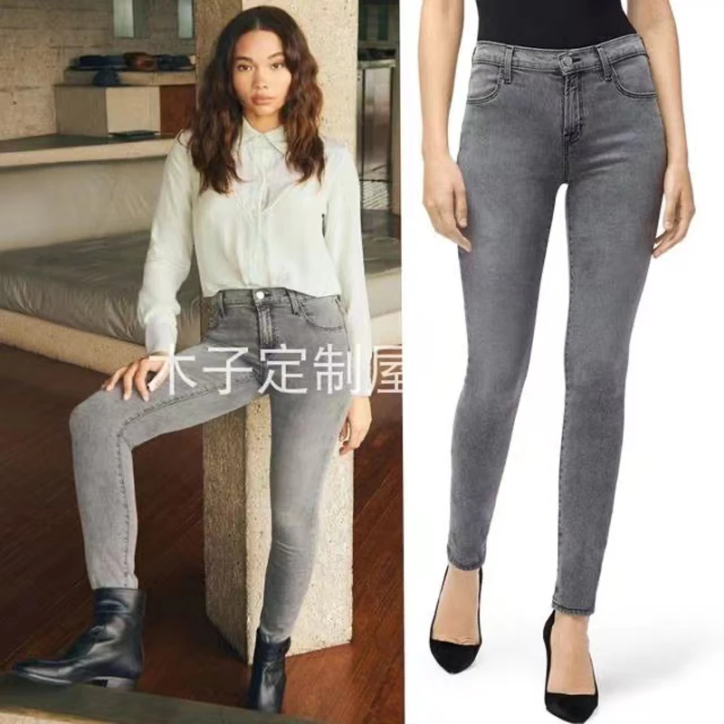 High Street Fashion Women's Jeans 2022 Autumn Winter New Vintage Simple Casual Versatile High Elastic Slim Dark Grey Pencil Pant