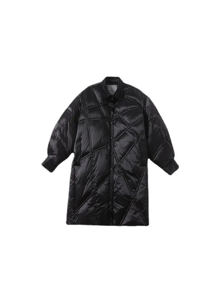 High-End Warmer Bread Jackets Women's 2022 Winter New Fashion Bright Shirt Collar Loose Long Black 90 White Down Coats