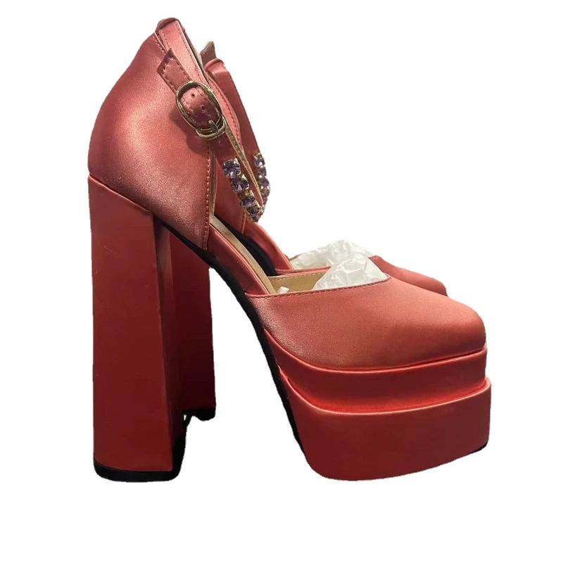 

Brand waterproof platform Satin Cloth Crystal Buckle Summer Female Party Runway Shoes Round Toe High Heels Women Sandal size 43