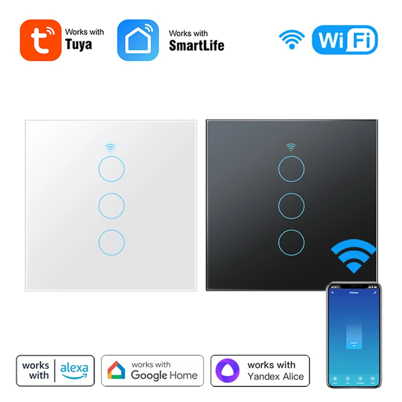 

Умный настенный сенсорный переключатель с Wi-Fi, 1 входом, нейтральный/ненейтральный кабель, работает с Alexa