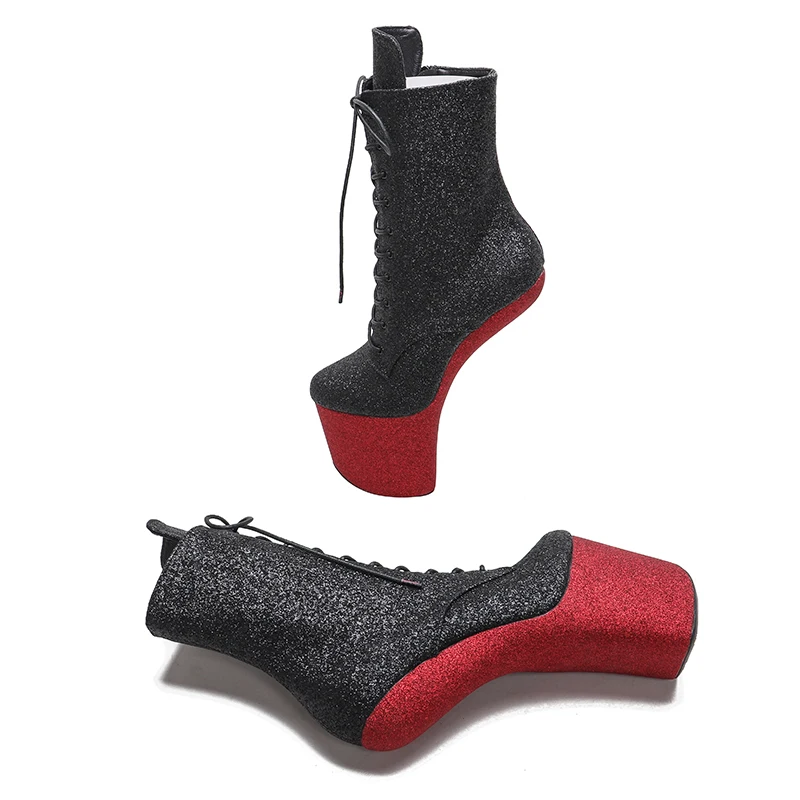 Leecabe Black Upper with Burgundy Platform Ankle Boots Sexy Exotic heelless pole dance shoes