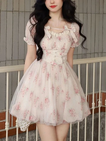 Летнее милое мини-платье с цветочным принтом, женское элегантное французское сказочное платье с принтом, женское милое мини-платье в Корейском стиле, лето 2023