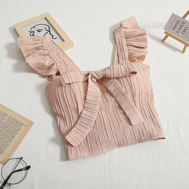 

Ruffled Sleeveless Bow Tie Camisole for Women Tank Tops Summer New Short Pleated Backless Female Cute Tank Tops Women Camisole