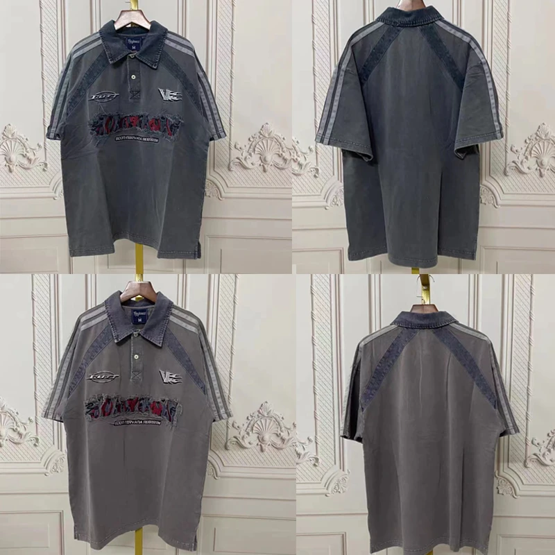 

High Quality Washed Embroidery Letters Damaged Fashion T-Shirt Men Oversized Women T Shirt Tee