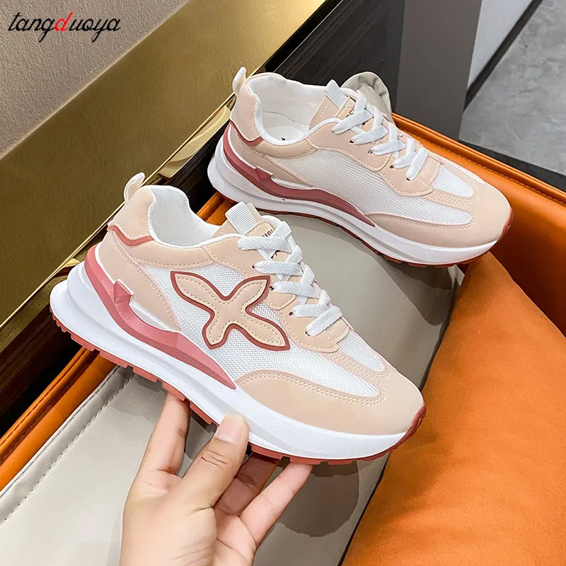 

green pink shoes mesh Breathable Women Sneakers Lace Up Flat Shoes Platform Casual Shoes Ladies Chunky Sneakers 2022