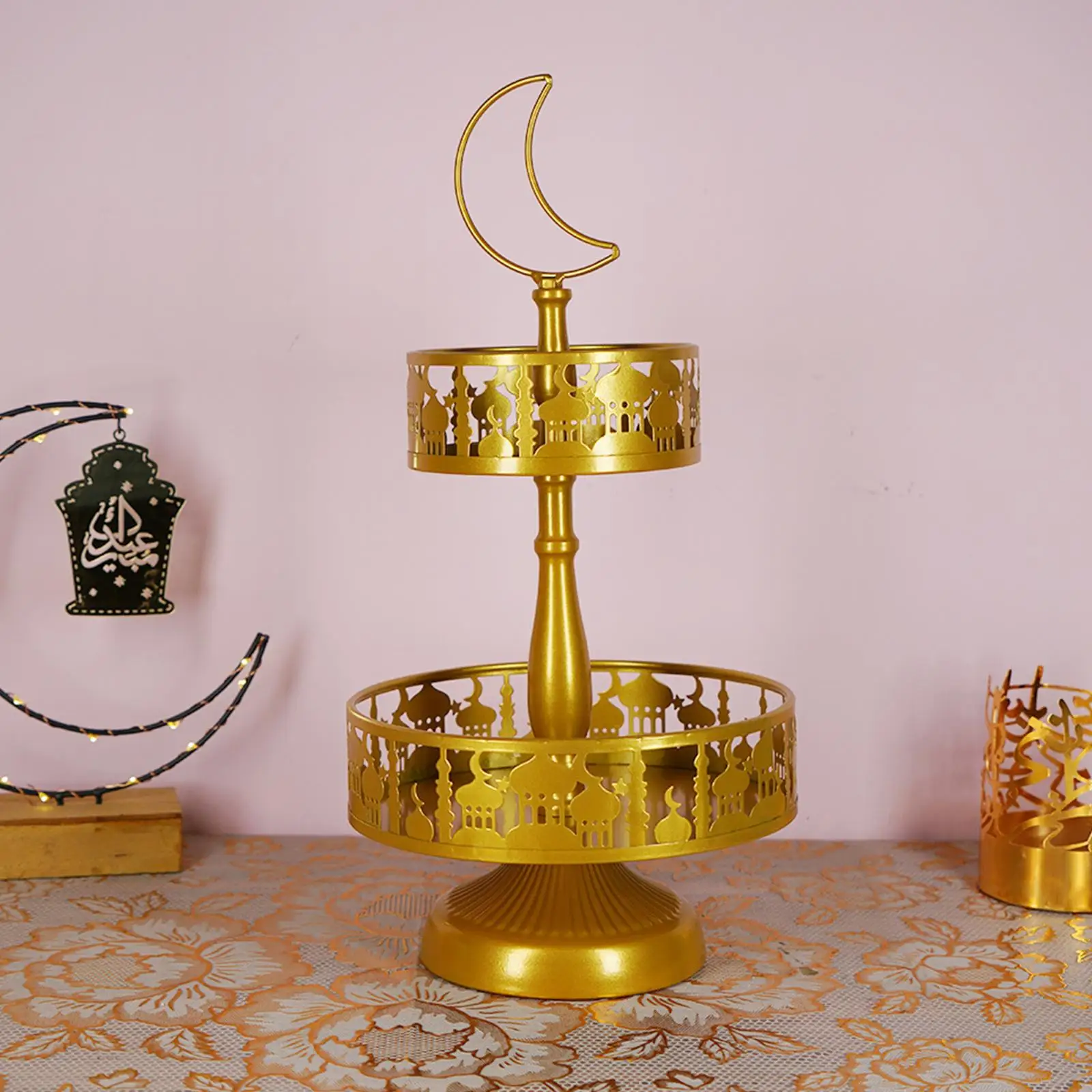 

Metal Ramadan Sweets Tray Decoration Gold Muslim Eid Mubarak Tray Ramadan Kareem Table Decor Dessert Party Luxury Serving Tray