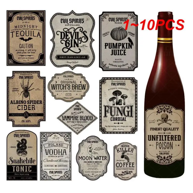 

1~10PCS Halloween Wine Bottle Stickers Bar Beverage Bottle Label Horror Atmosphere Skull Bat Paper Happy 2023 Halloween Party