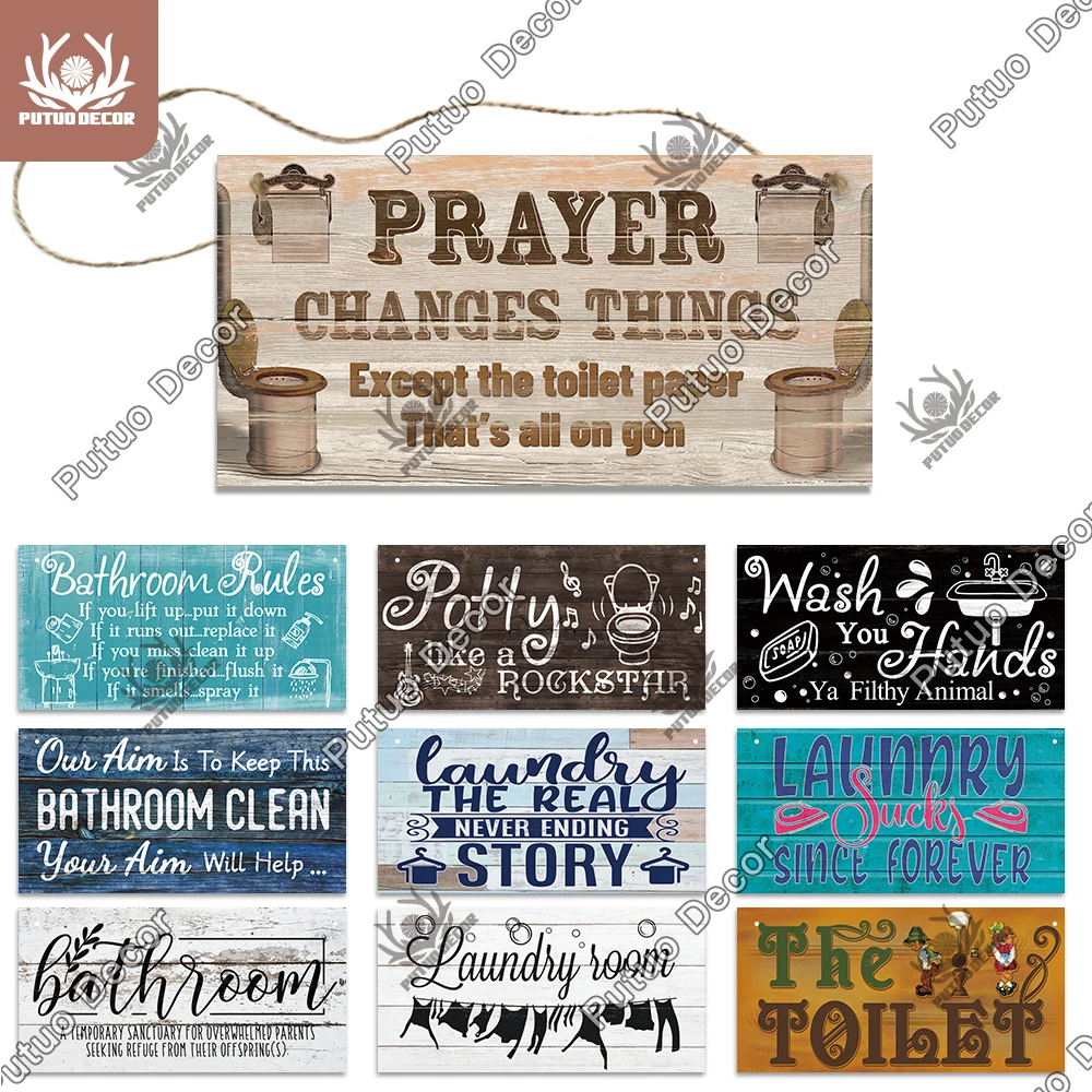 

Putuo Decor Bathroom Wooden Signs Wood Wall Art Plaque Decorative Plates for Toilet Home Laundry Door Bar Pub Cafe Beach