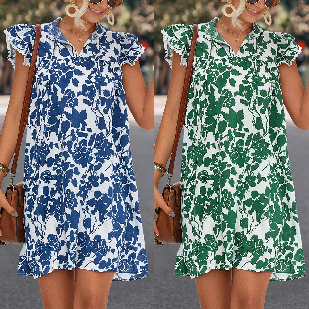 

Cherry Invasion Spring Summer Printed V-Neck Tie Ruffle Sleeve Printed Loose Dress for Women