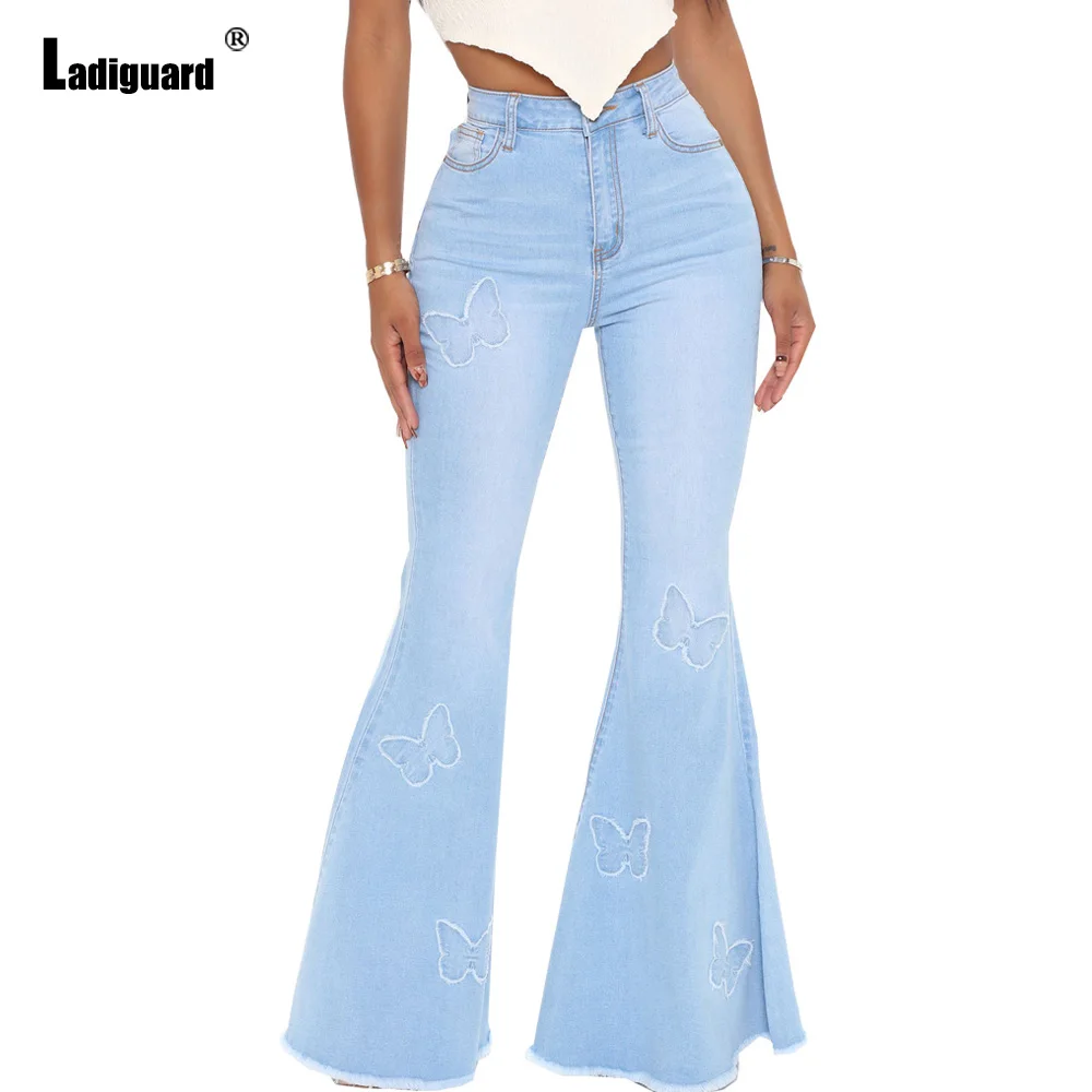Ladiguard High Waist Flare Denim Pants Women's Boot Cut Jeans Boyfriend Vintage Butterfly Print Jeans Pants Vaqueros Mujer 2022