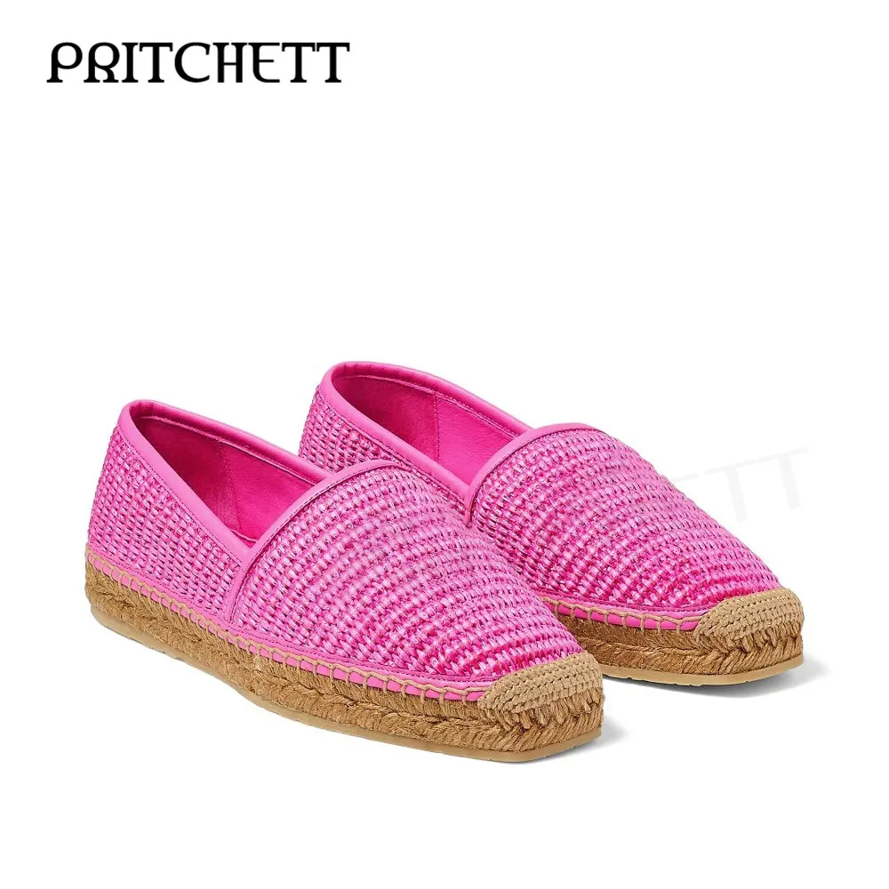 Rose Red Straw Woven Casual Flat Shoes Round Toe Straw Woven Mid-Heel Hollow Shoes Apricot Color Comfortable Daily Women's Shoes