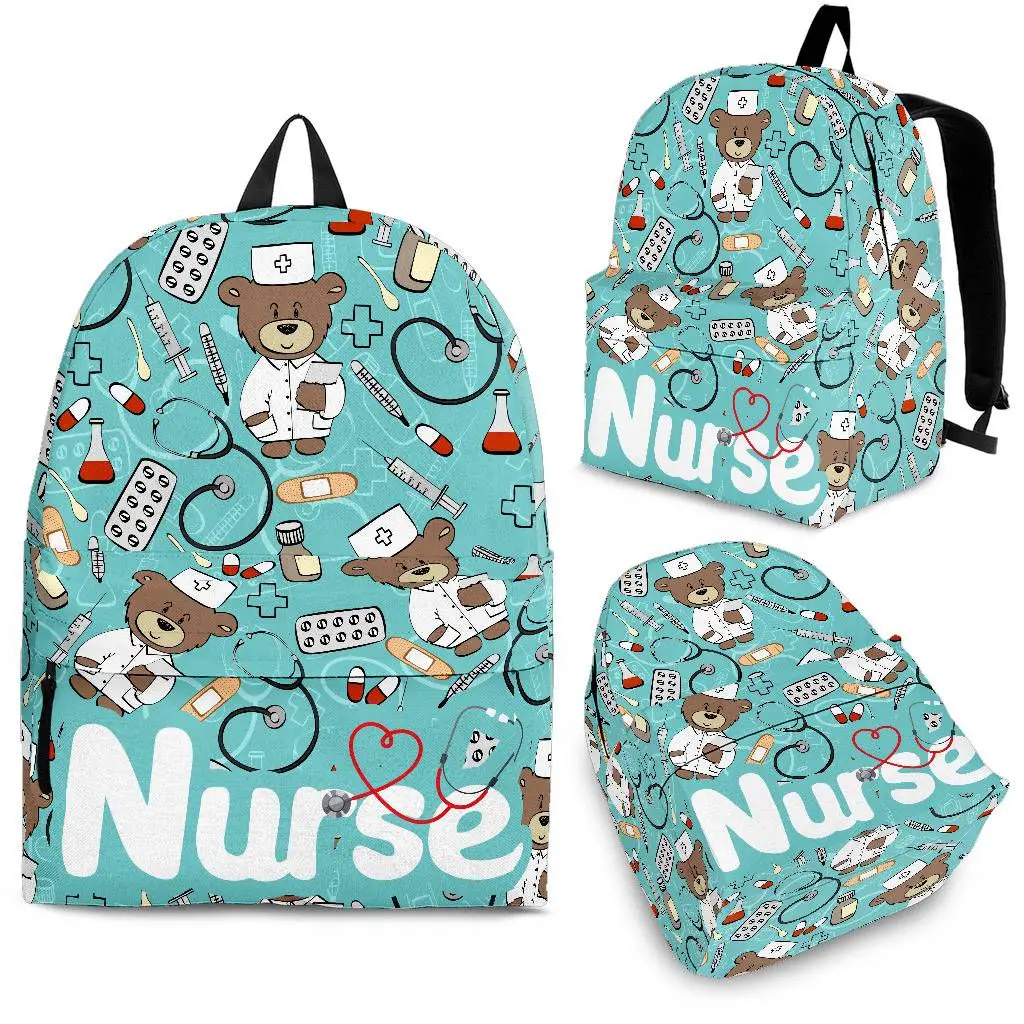 

YIKELUO Light Blue Cartoon Nurse Bear Backpack Nurse Print Comfortable Adjustable Shoulder Strap Brand Casual Knapsack With Zip