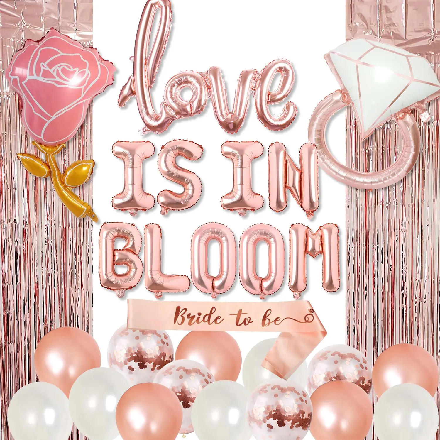 

Wedding Party Decorations Rose Gold Love is in Bloom Balloon Foil Rain Curtain for Bridal Shower Engagement Valentine Supplies
