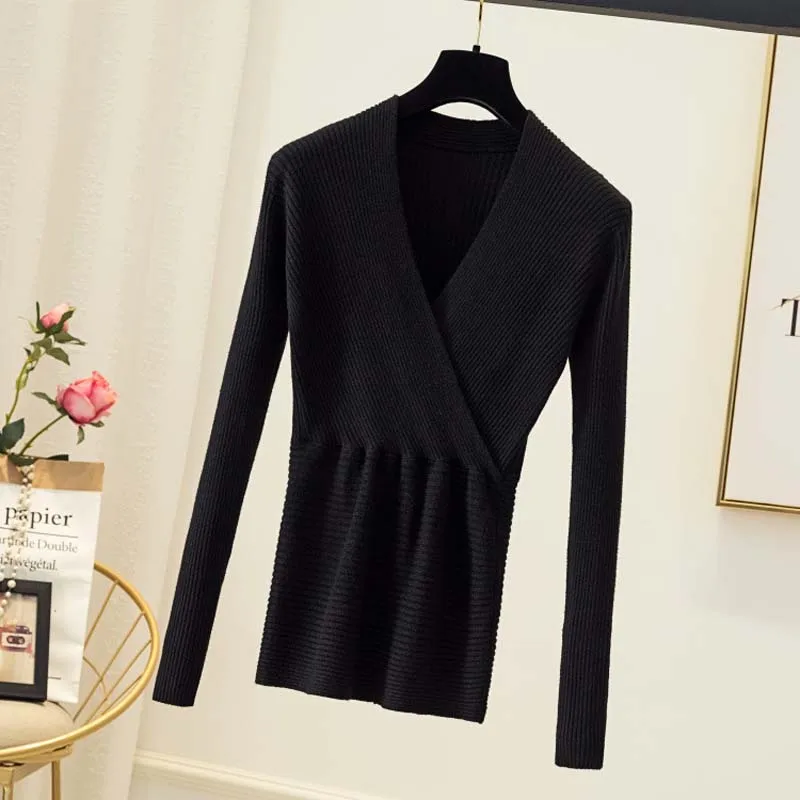 Winter Women Solid Knitted Sweater Pullovers Sexy V-Neck Apricot Black White Mujer Tops Ladies Long Sleeve Sweet Slim Jumper | Женская