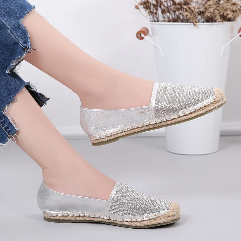 Hemp Rope Rhinestone Women Fisherman Shoes Pu Leather Loafers Silver Black Ladies Moccasin Shiny  Flats Zapatillas Mujer 43
