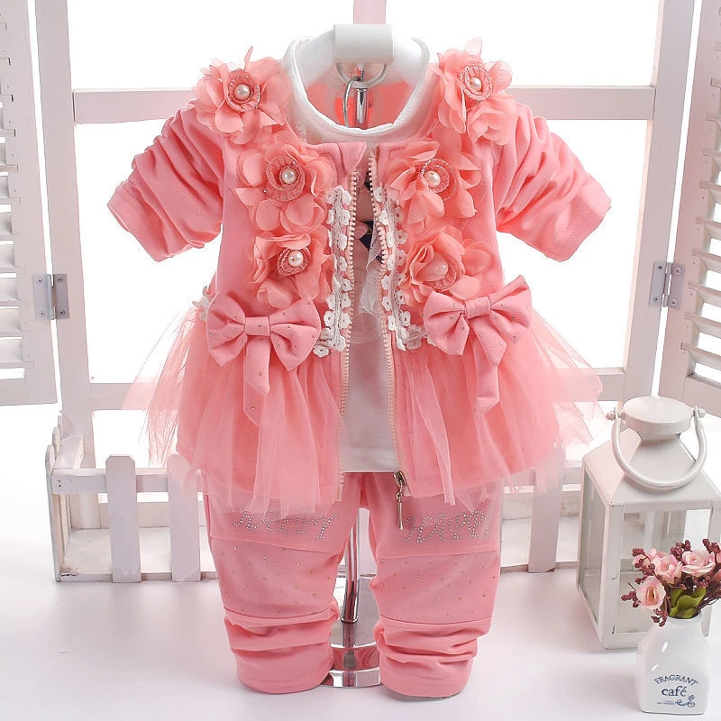Fashion Princess 3pcs Clothing Sets Flower Coat+T shirt+Pants Toddler Girl Cotton Suit Children Baby Kids Birthday Party Outfits