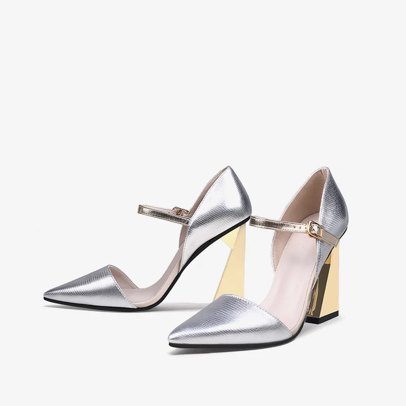 Серебряный ремешок с пряжкой 9 см очень высокий каблук специальной формы острый