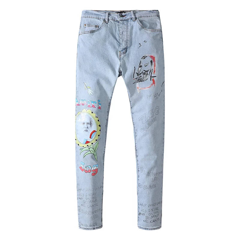 

New summer men's jeans vintage for male trend fashion light blue personality printing slim casual small feet men's denim pants