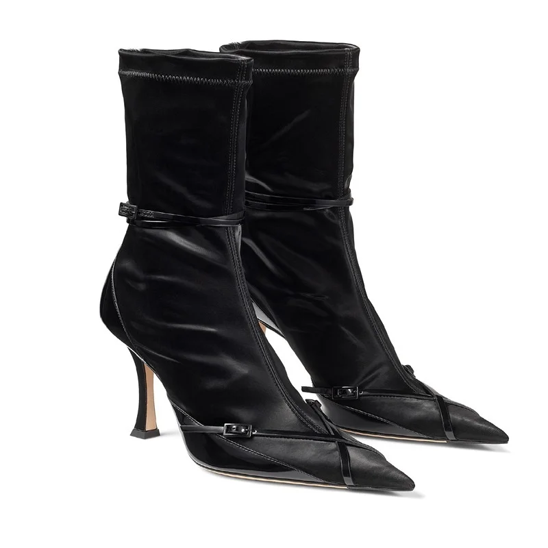 New Sexy Belt Buckle Elastic Ankle Boots Thin High-heeled Pointed Toe Color Fashion High-heeled Shoes Women's Shoes Large Size43