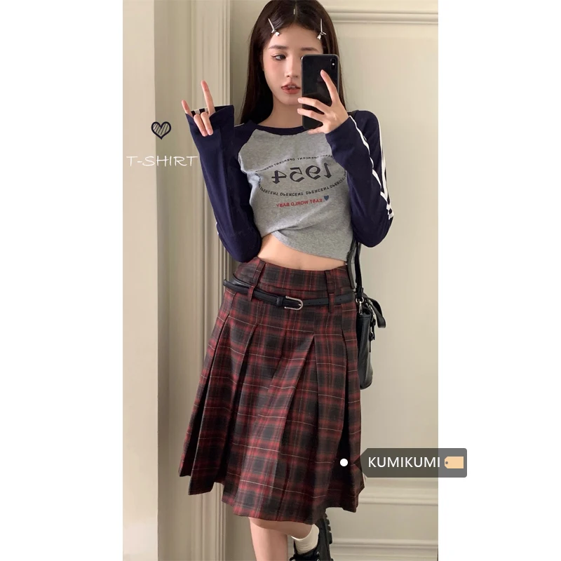 

Красная клетчатая плиссированная юбка в американском студенческом стиле, Женская Весенняя дизайнерская контрастная короткая юбка А-силуэта с высокой талией, женские юбки