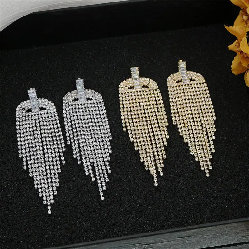 

New Zircon Rhinestone Long Tassel Vintage Clip Earrings Fashion All-match Temperament Earrings Fashion Jewelry