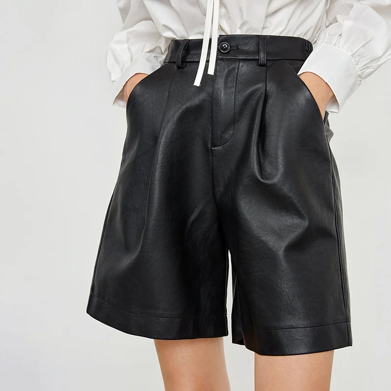 

2023 Pu Leather Women Shorts Button Quality Wide Leg Faux Leather Shorts England Style High Waist Loose Shorts Femme Womens Clot