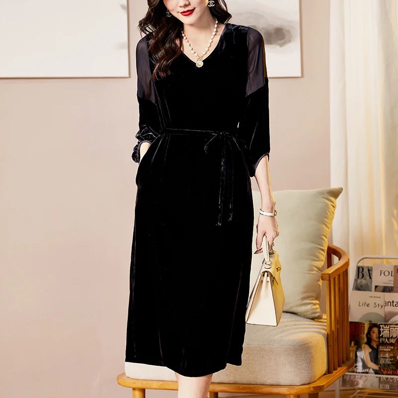 

Женское винтажное платье с V-образным вырезом, Черное длинное платье-трапеция с рукавом три четверти, шелковое бархатное платье для осени и зимы