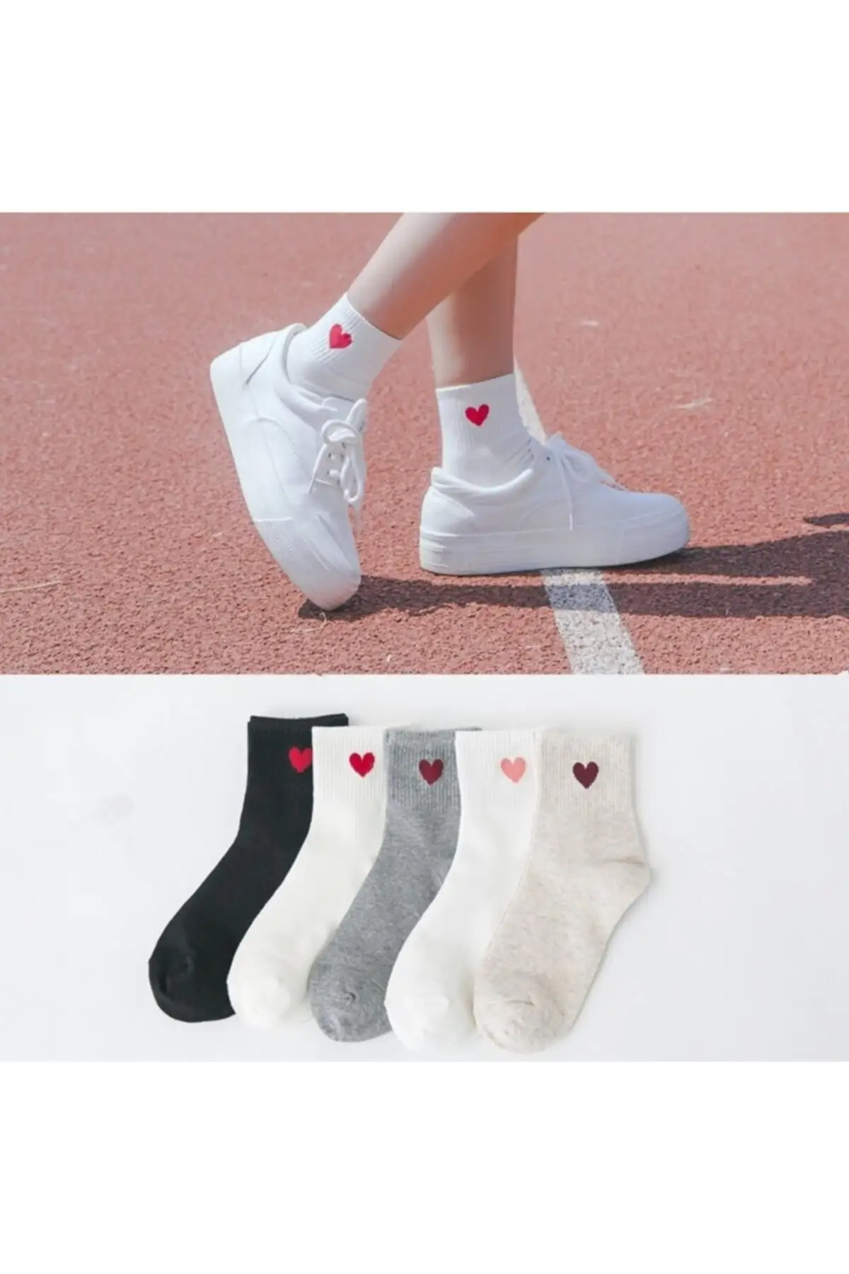 

5 Double Multicolour Heart Patterned Half Konç Women Socks