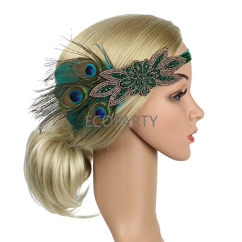 

NEW 1920s Peacock Feather Headpiece Flapper Accessories Women Art Deco 20s Great Gatsby Showgirl Headband Costume Party Hairband